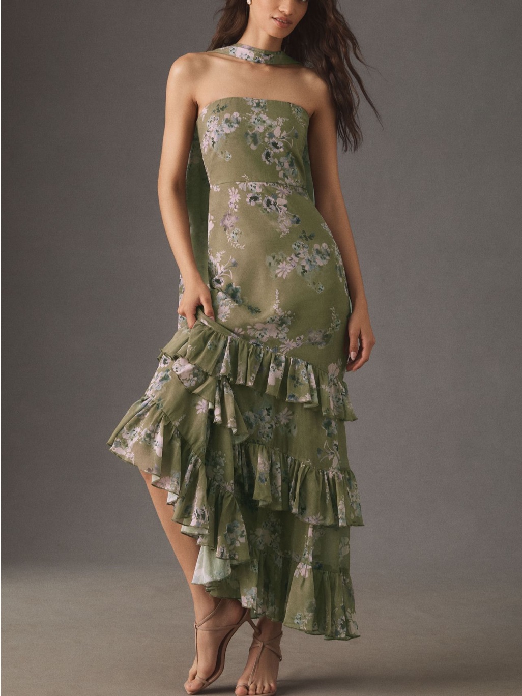 Bhldn Molly Strapless Chiffon Scarf Maxi Dress Olive Green Floral Size 4